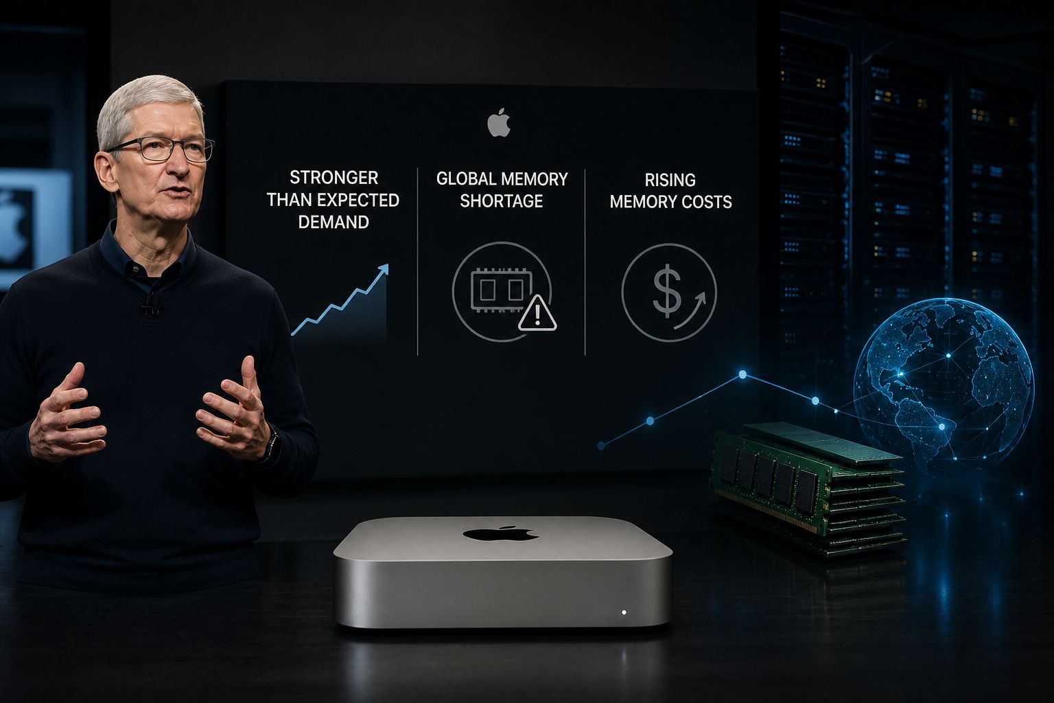 من موقع فون إسلام: يقف شخص إلى جانب جهاز Mac Mini مع شاشة تعرض رسوماً بيانية حول ارتفاع الطلب ونقص الذاكرة وارتفاع التكاليف وسعر الماكيني الجديد المتوقع لعام 2026، إلى جانب رسومات عن ذاكرة الوصول العشوائي والكرة الأرضية الرقمية.