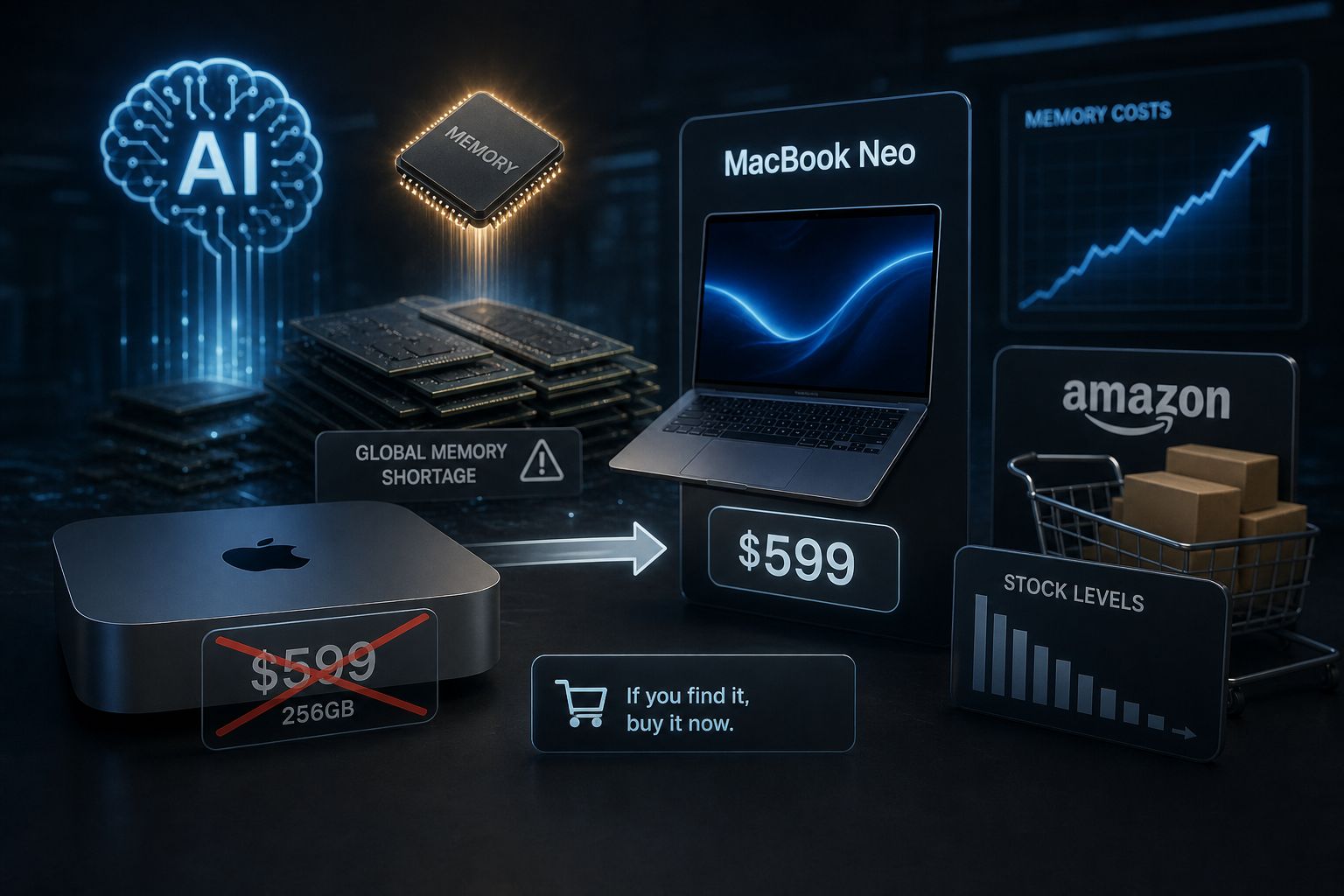من موقع فون إسلام: تم تسليط الضوء على جهاز MacBook Neo بسعر 599 دولارًا وسط رسومات تُظهر نقصًا عالميًا في الذاكرة، وارتفاع تكاليف الذاكرة، وانخفاض مستويات المخزون، وعربة تسوق على موقع أمازون مع وجود صناديق بجانب سعر الماكيني الجديد 2026 للمقارنة.