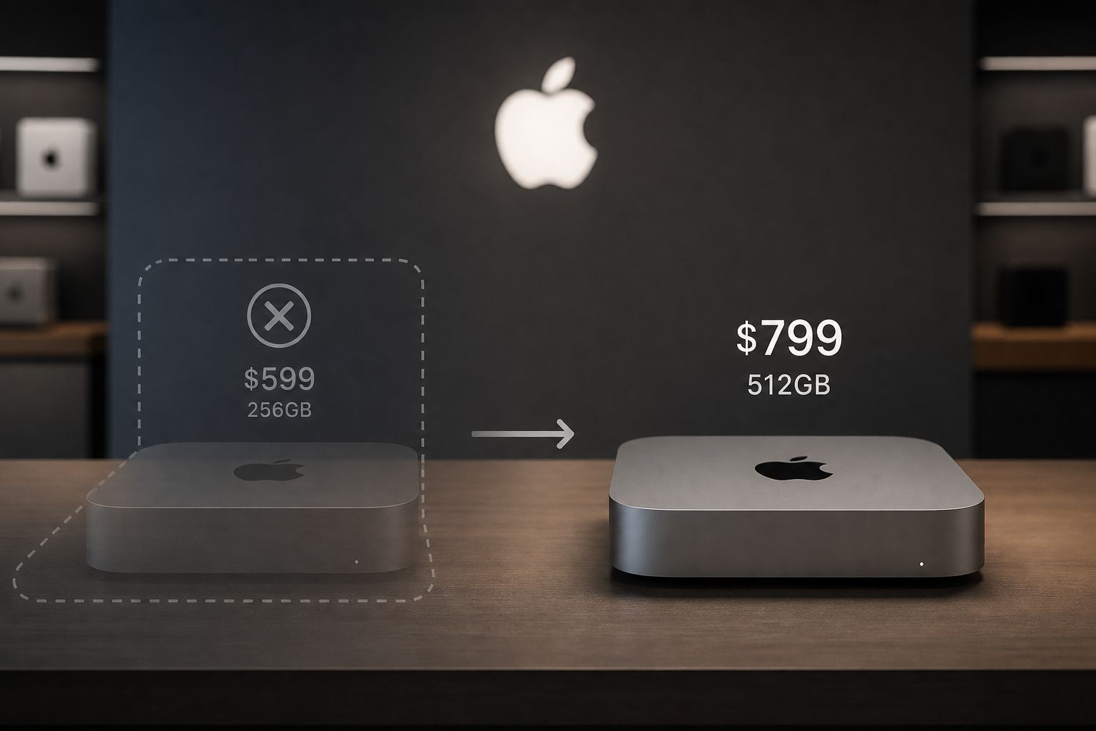 من موقع فون إسلام: جهاز Mac Mini بسعة تخزينية 512 جيجابايت، بسعر 799 دولارًا، معروض على مكتب، ويظهر تحته مخطط باهت للنسخة المتوقفة التي تبلغ سعتها 599 دولارًا بسعة 256 جيجابايت. سعر الماكيني الجديد 2026 متوقع أن يتغير مع مواصفات أعلى.