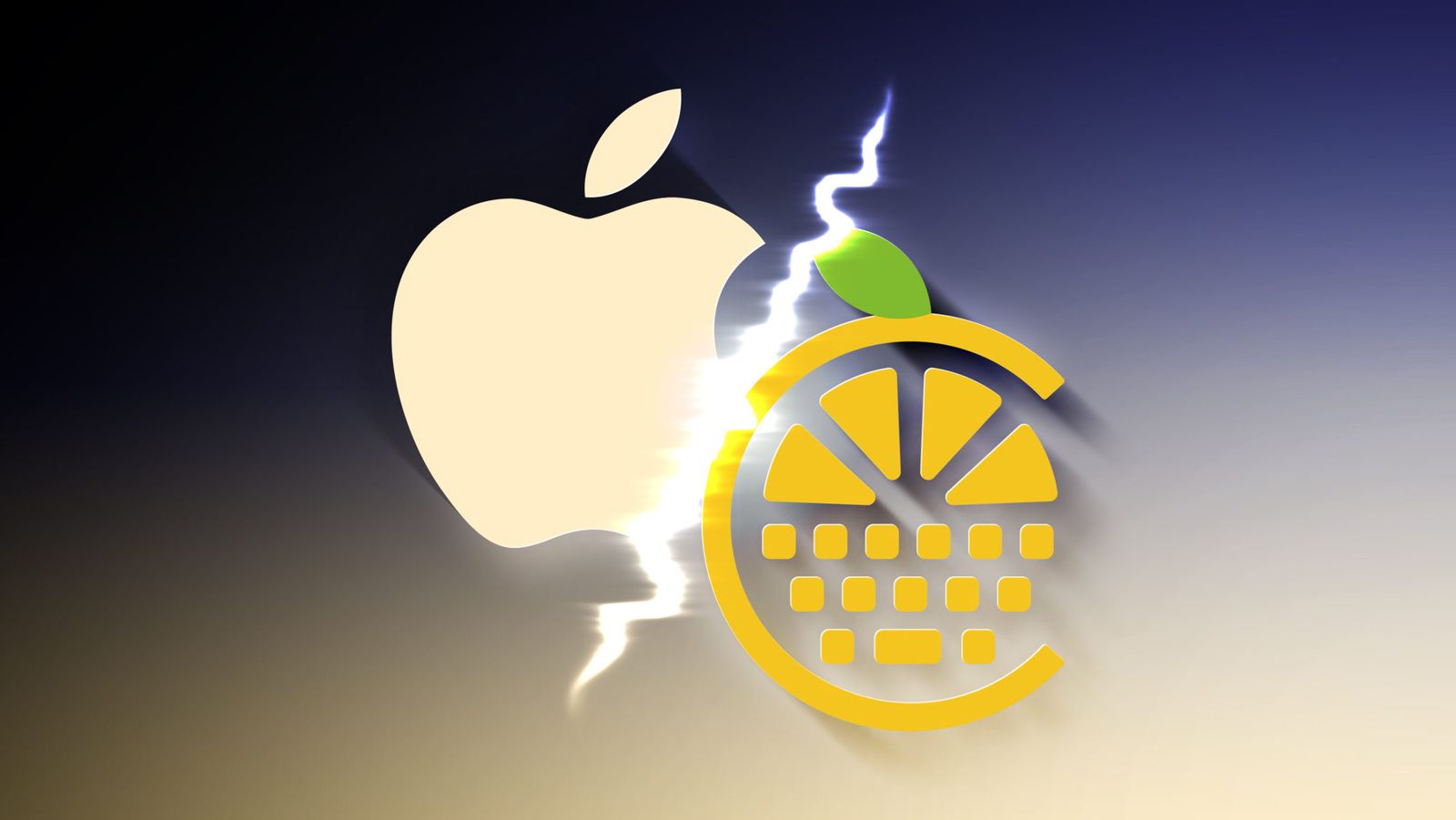 من موقع فون إسلام: ينقسم شعار Apple وشعار لوحة مفاتيح ليمون منمق على شكل صاعقة مسننة على خلفية متدرجة، مما يجسد جوهر أخبار التقنية وعلامات على الهامش في صورة واحدة ملفتة للنظر.
