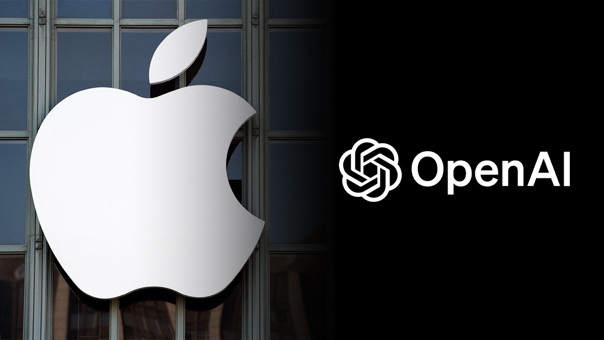 من موقع فون إسلام: يظهر شعار Apple على مبنى عاكس على اليسار، بينما يظهر شعار OpenAI والنص على خلفية سوداء على اليمين، مع إبراز خلاف آبل و OpenAI.