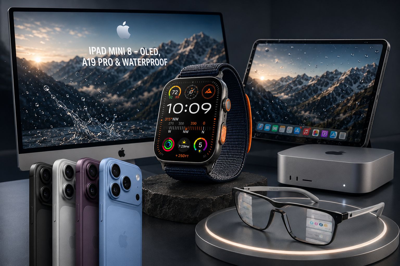 من موقع فون إسلام: عرض لمنتجات آبل 2026 يضم جهاز iMac وiPad وiPhone 14 series وApple Watch وMac Mini وزوج من النظارات الذكية على منصة مضاءة.