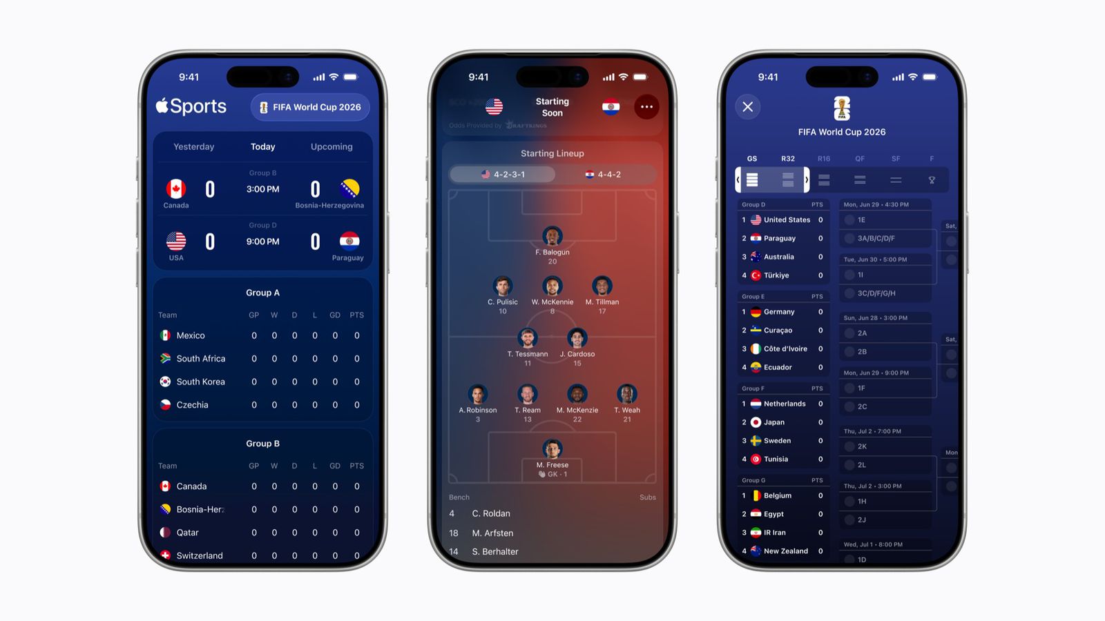 من موقع فون إسلام: تعرض ثلاثة هواتف ذكية واجهة تطبيق رياضي يعرض تفاصيل مباريات كأس العالم FIFA 2026 وتشكيلة الفرق وترتيب البطولة، وهي مثالية لمتابعة آخر أخبار التقنية وملخص الأسبوع.