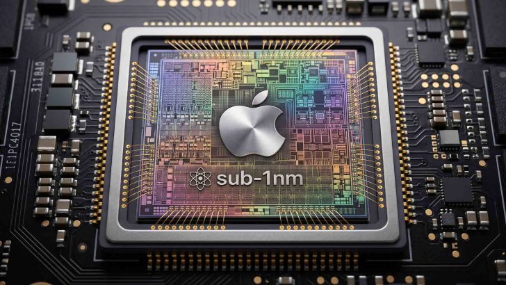 من موقع فون إسلام: صورة عن قرب لشريحة كمبيوتر تحمل شعار Apple ونص "دون 1 نانومتر" على المعالج، مما يسلط الضوء على تكنولوجيا أشباه الموصلات المتقدمة من هذا الأسبوع على الهامش.