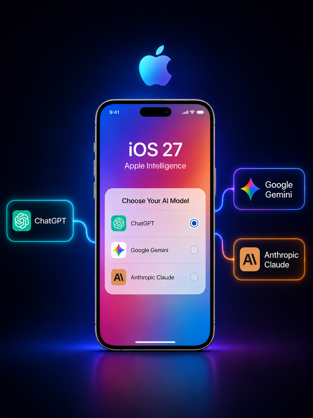 من موقع فون إسلام: يعرض جهاز iPhone نظام التشغيل iOS 27، مع تسليط الضوء على خيارات الذكاء الاصطناعي في نظام التشغيل iOS 27 مع نماذج الذكاء الاصطناعي في نظام التشغيل iOS 27 مع ChatGPT وGoogle Gemini وGemini وAthropic Claude كنماذج للذكاء الاصطناعي. يظهر شعار Apple فوق الهاتف.
