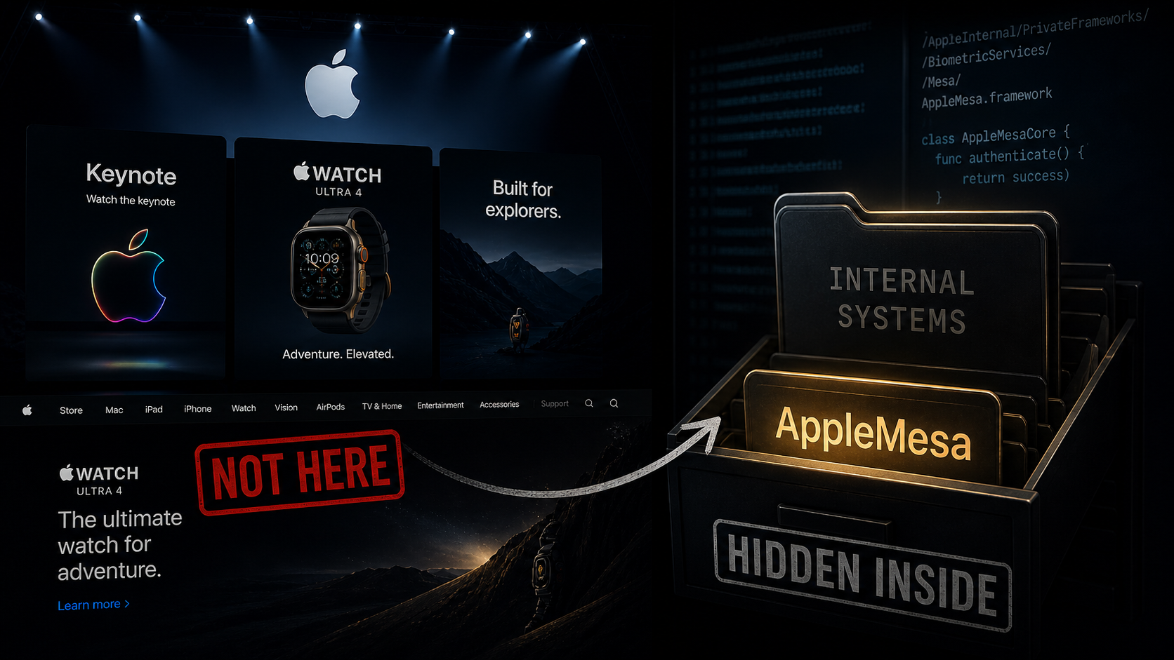 من موقع فون إسلام: صفحة ويب ترويجية لـ Apple Watch على اليسار مع سهم يشير إلى درج خزانة ملفات مكتوب عليه "AppleMesa" تحت عنوان "الأنظمة الداخلية"، مما يشير إلى أن شيئًا مثل ساعة آبل الترا 4 قد يكون مخبأً في الداخل.