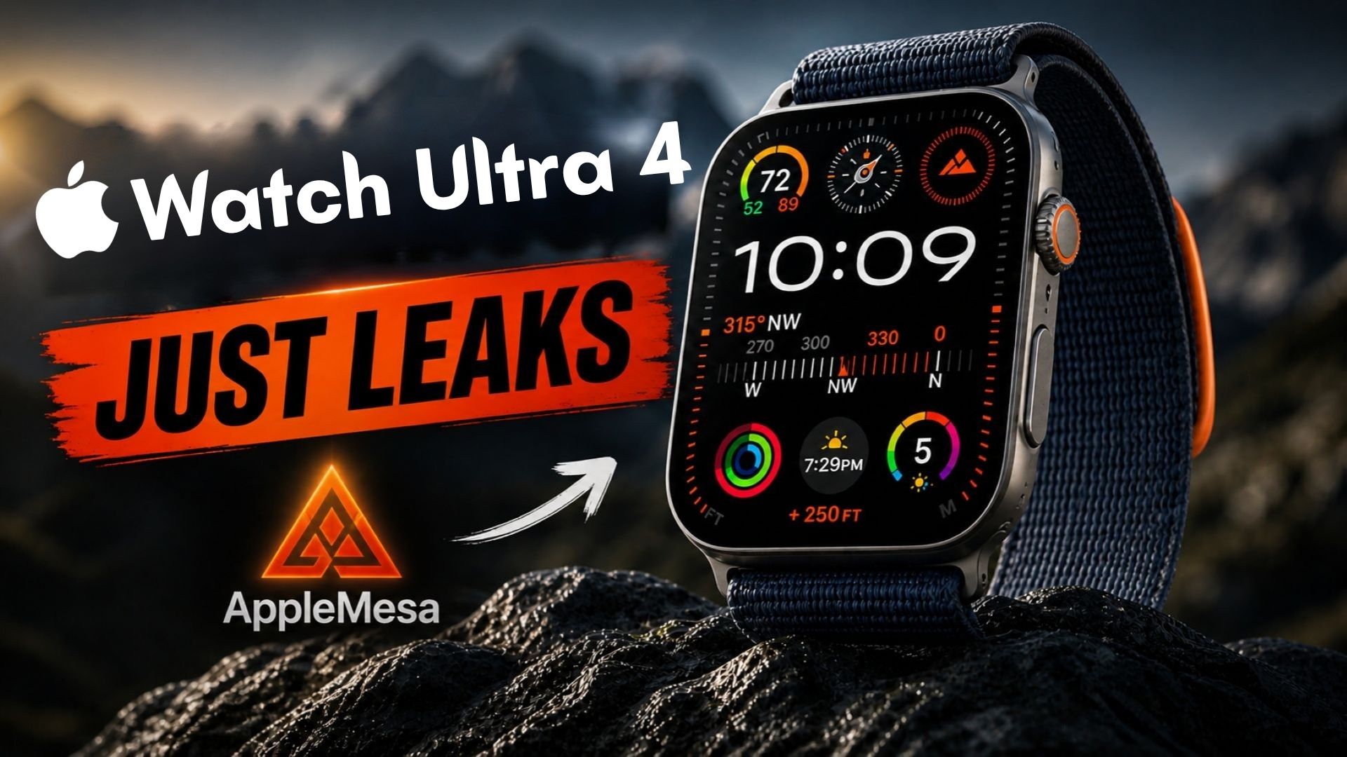 من موقع فون إسلام: ساعة Apple Watch Ultra 4 ذات السوار الداكن معروضة على صخرة تظهر واجهة شاشة ملونة. يُقرأ النص "JUST LEAKS" و "AppleMesa" و ساعة آبل الترا 4، على خلفية جبلية مذهلة.