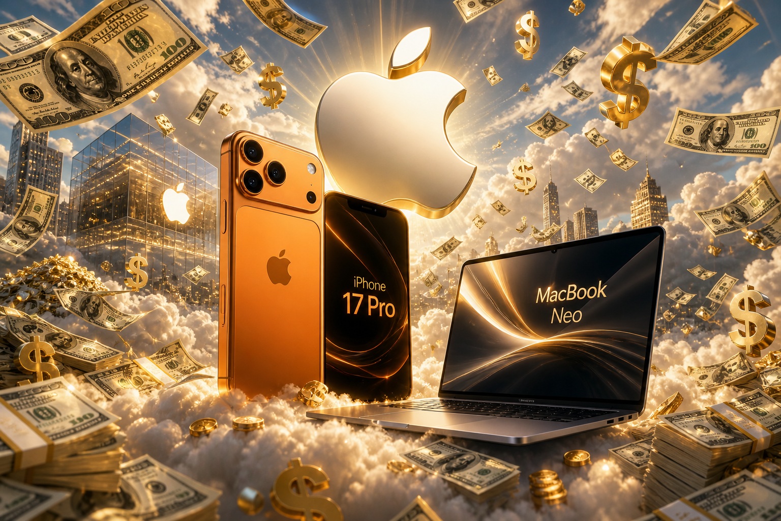 من موقع فون إسلام: تجسد أجهزة Apple، بما في ذلك جهاز iPhone 17 Pro و MacBook Neo، محاطة بأوراق نقدية عائمة من فئة الدولار والعملات الذهبية وشعار Apple في أجواء متوهجة مليئة بالسحب، الإثارة حول نتائج المالية 2026.