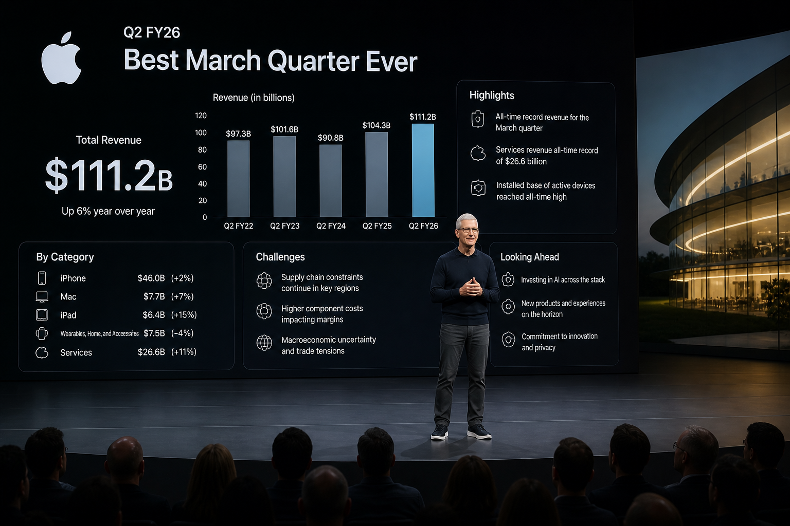 من موقع فون إسلام: المدير التنفيذي لشركة Apple يعرض نتائج الربع الثاني من عام 2026، مسلطاً الضوء على الإيرادات القياسية التي بلغت 111.2 مليار دولار أمريكي، وتوزيع الإيرادات حسب الفئة، والتحديات الرئيسية، والتوقعات المستقبلية، مع وجود Apple Park في الخلفية.