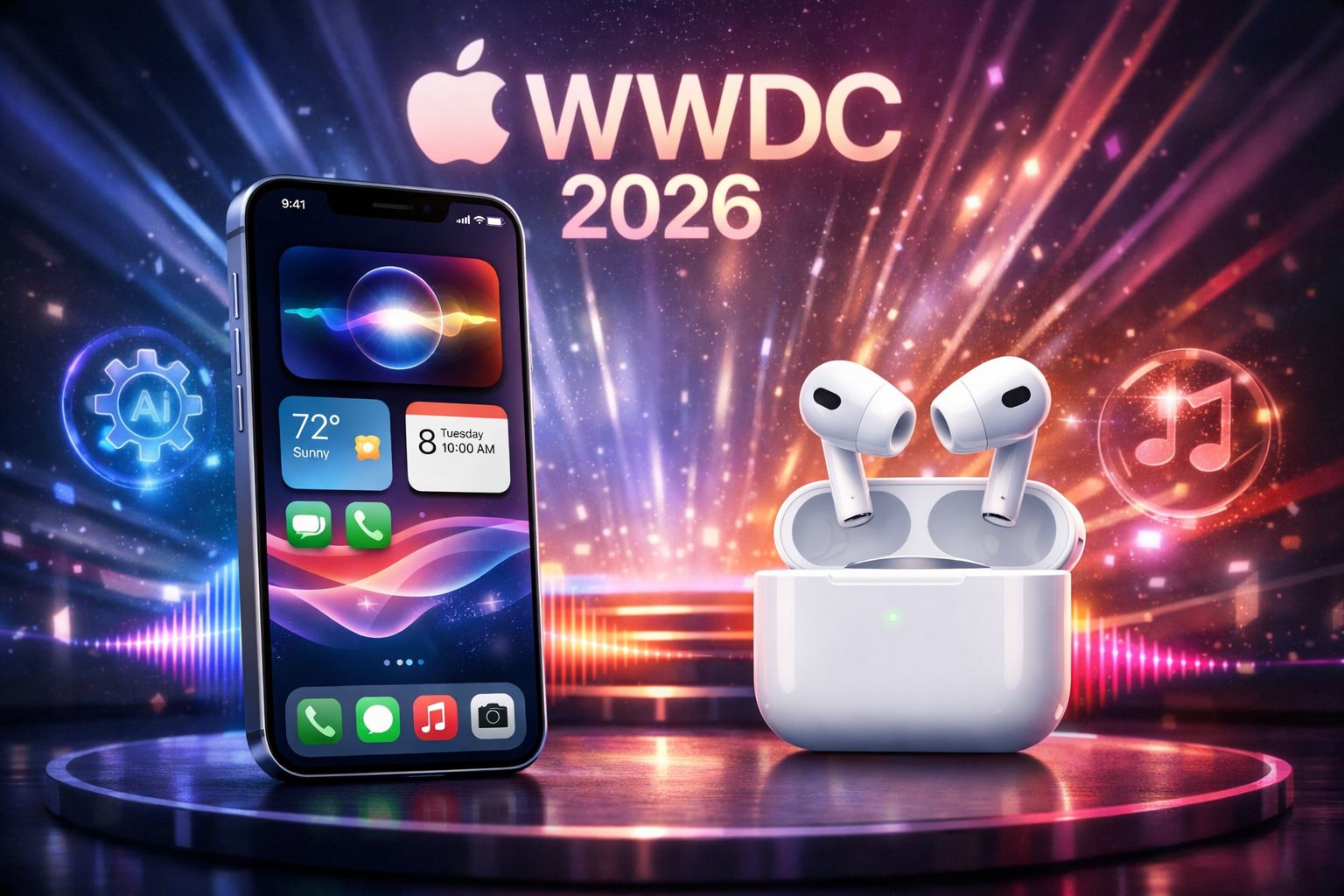 من موقع فون إسلام: جهاز iPhone وسماعات AirPods Pro معروضان على مسرح مع أضواء ملونة وشعار WWDC 2026 وشعار Apple في الخلفية، وأيقونات للذكاء الاصطناعي والموسيقى على كل جانب، في إشارة إلى ميزات نظام iOS 27.