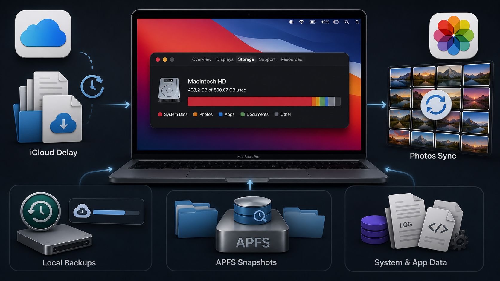 من موقع فون إسلام: يعرض جهاز MacBook Pro مساحة تخزين الماك استخدام الماك محاطًا بأيقونات تمثل تأخير iCloud ومزامنة الصور والنسخ الاحتياطية المحلية ولقطات APFS Snapshots وبيانات النظام والتطبيقات.