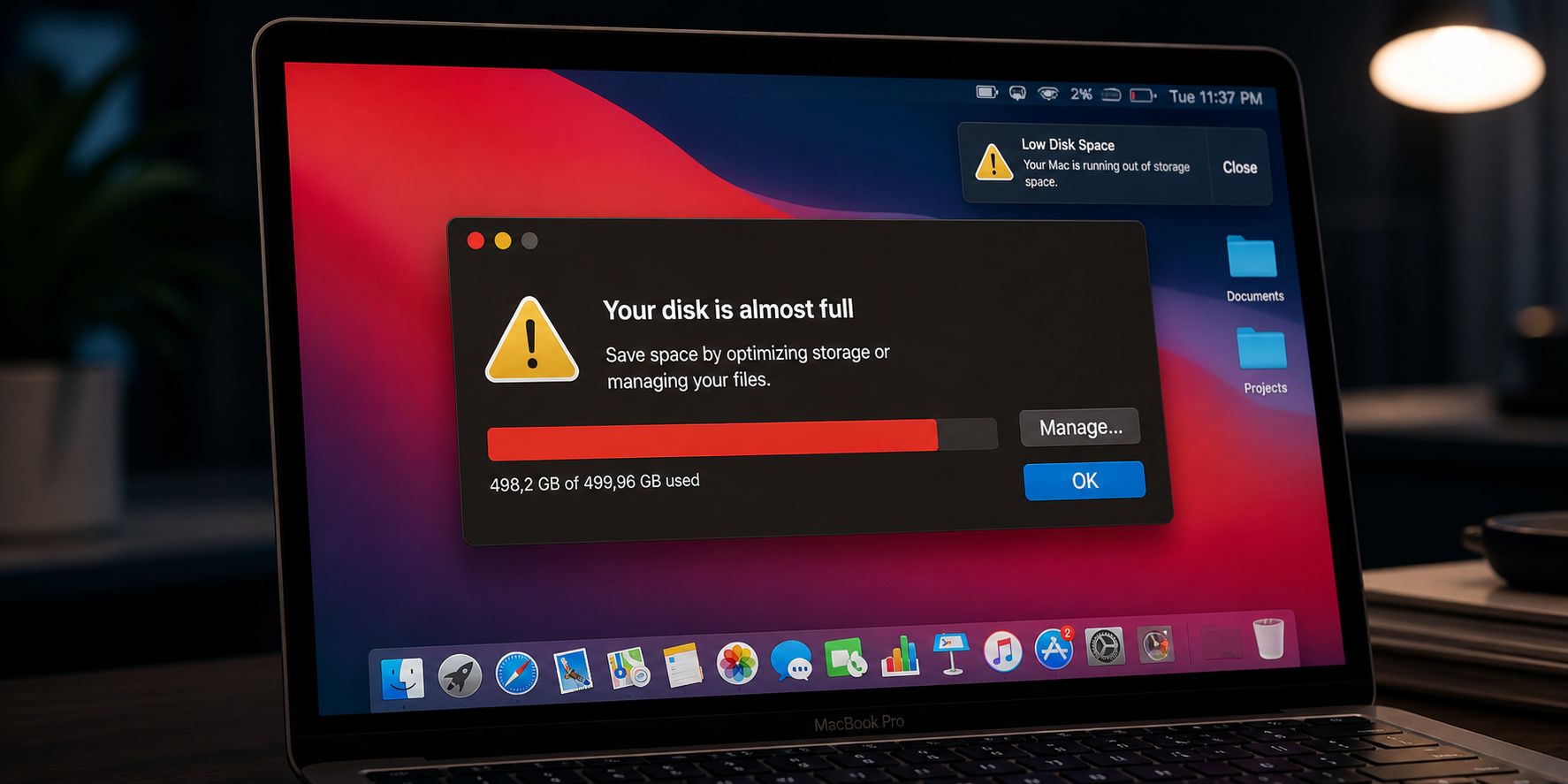 من موقع فون إسلام: تعرض شاشة جهاز MacBook تحذيرًا بأن مساحة تخزين الماك بوك ممتلئة تقريبًا، مع استخدام 493.2 جيجابايت من أصل 499.96 جيجابايت وخيارات لإدارة التخزين أو تحسينه.