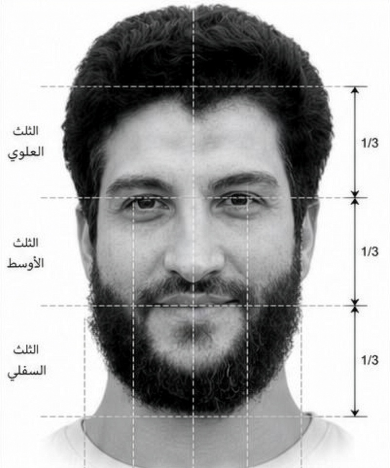 من موقع فون إسلام: يقسم وجه الرجل إلى أثلاث بخطوط أفقية ورأسية؛ وتستخدم العلامات العربية و"فون جرام" لتوضيح كل قسم، كما هو موضح في تقرير جمال الوجه.