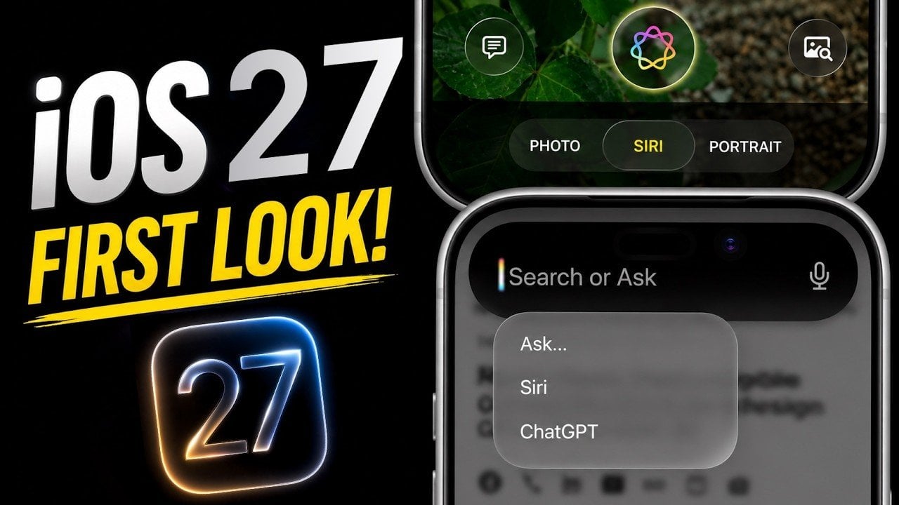 من موقع فون إسلام: رسم ترويجي لـ IOS 27 يعرض الميزات الجديدة، بما في ذلك سيري في نظام iOS 27 وتكامل ChatGPT على شاشات iPhone، مع نص بالخط العريض مكتوب عليه "نظرة أولى على نظام iOS 27!".