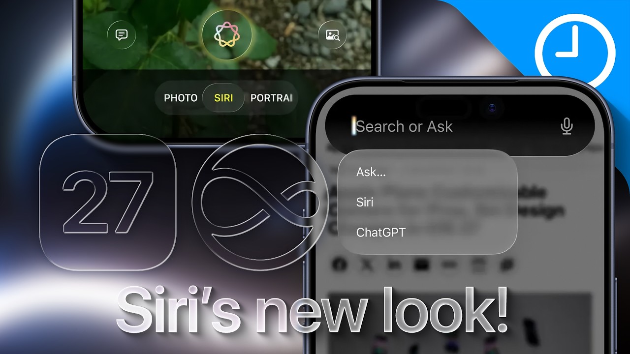 من موقع فون إسلام: صورة مقربة لشاشات الهواتف الذكية تظهر خيارات واجهة Siri وChatGPT المحدّثة، والتي تضم أيقونات لنظامي iOS 17 وiOS 18 ومعاينة لنظام سيري في نظام iOS 27. في الأسفل، يقول النص "مظهر سيري الجديد!.
