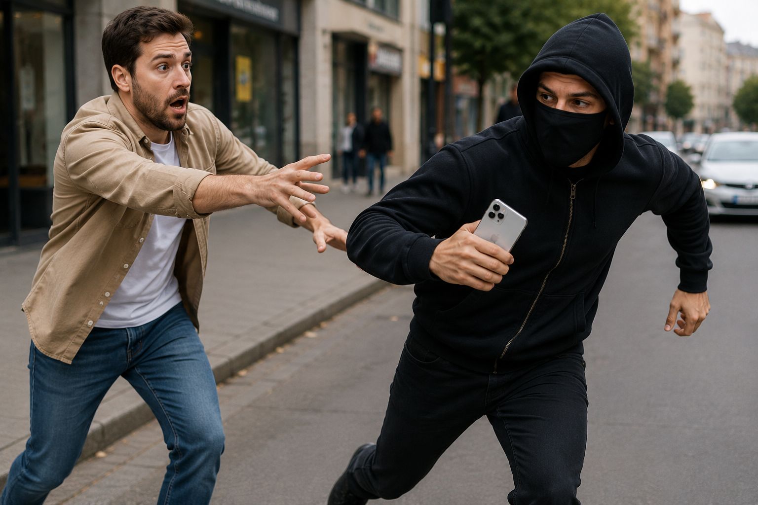 من موقع فون إسلام: يركض شخص ملثم يرتدي ملابس سوداء ويحمل هاتفًا ذكيًا، بينما يطارده رجل آخر في أحد شوارع المدينة وتبدو على وجهه علامات الدهشة - مما يسلط الضوء على أهمية منع الآي فون.