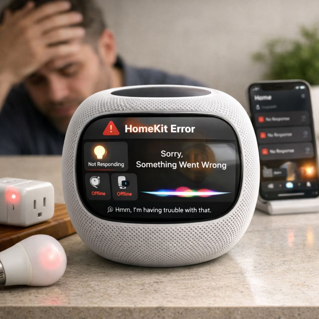 من موقع فون إسلام: يعرض مكبر الصوت الذكي هوم بودوم 3 رسالة "HomeKit Error" بينما يجلس رجل في الخلفية محبطاً، كما تظهر الأجهزة الذكية الأخرى والهاتف مشاكل في الاتصال.