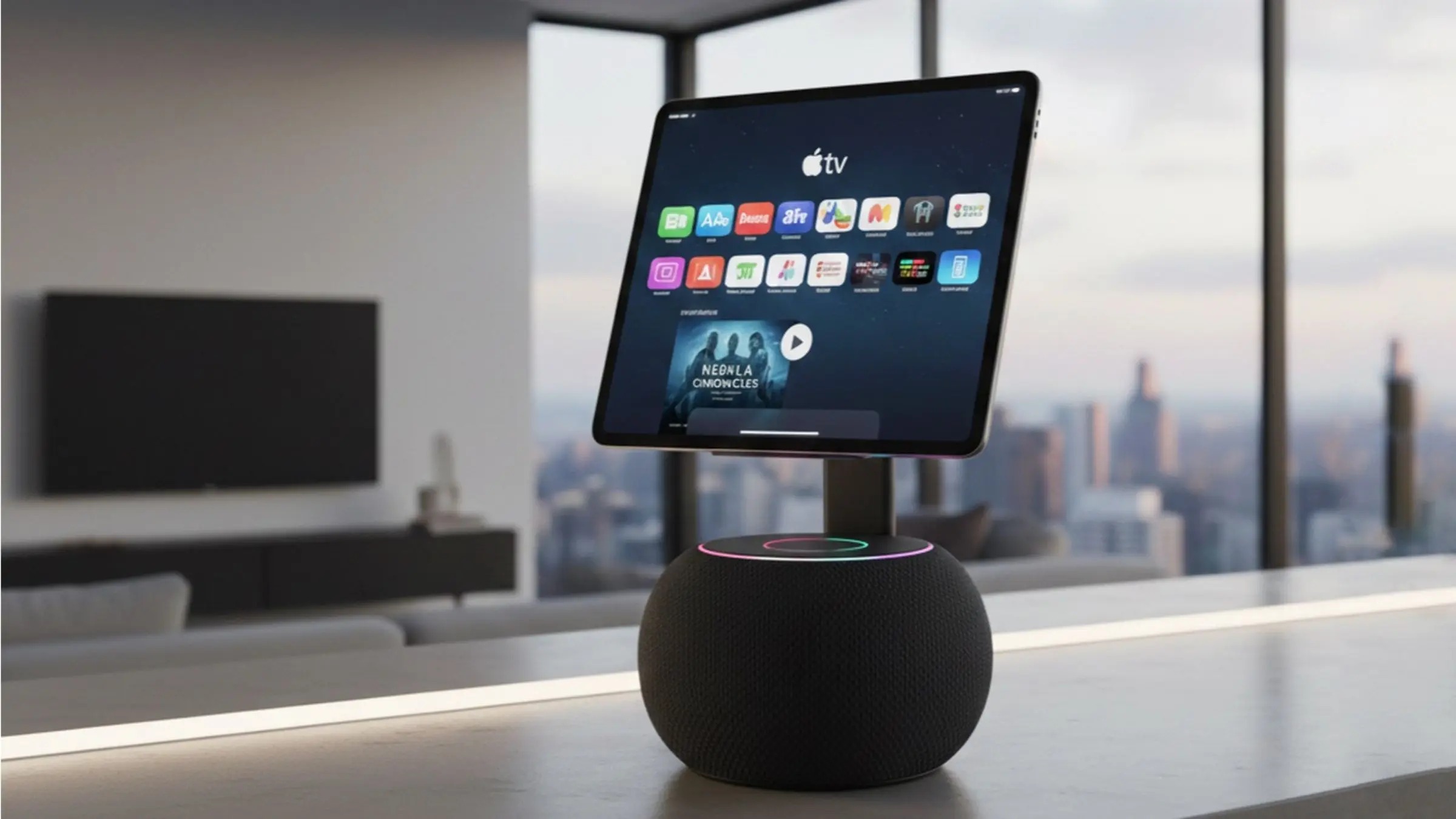 من موقع فون إسلام: جهاز لوحي يعرض واجهة Apple TV مثبت على حامل مزود بقاعدة مكبر صوت ذكي هوم بود 3، مثبت على منضدة مع منظر للمدينة يمكن رؤيته من خلال النافذة في الخلفية.