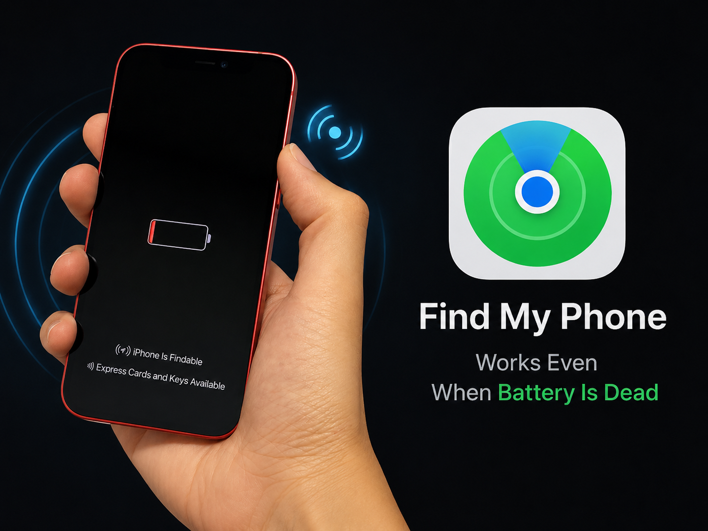 من موقع فون إسلام: يد تحمل هاتفًا ذكيًا مع رمز بطارية فارغة. وبجواره شعار تطبيق Find My Phone ونص يقول تحديد موقع الآيكون-فون وهو مغلق-حتى لو كانت البطارية فارغة.
