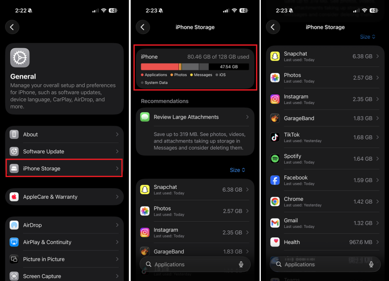 From the Phonegram website: Three iPhone screenshots showing: total used storage, storage recommendations, and a list of apps by storage usage including Snapchat, Photos, and Instagram.