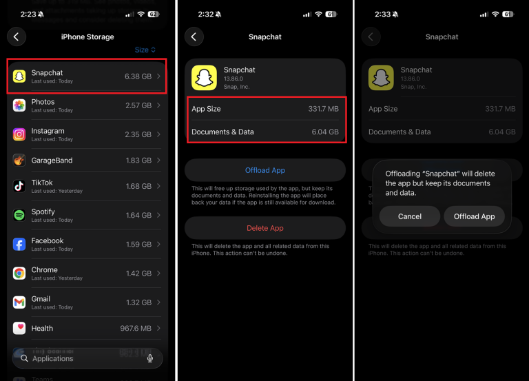 From the Phonegram website: Three screenshots showing Snapchat app storage details on iPhone: total iPhone storage, app usage, app size breakdown, and a prompt to offload the app while keeping its data.