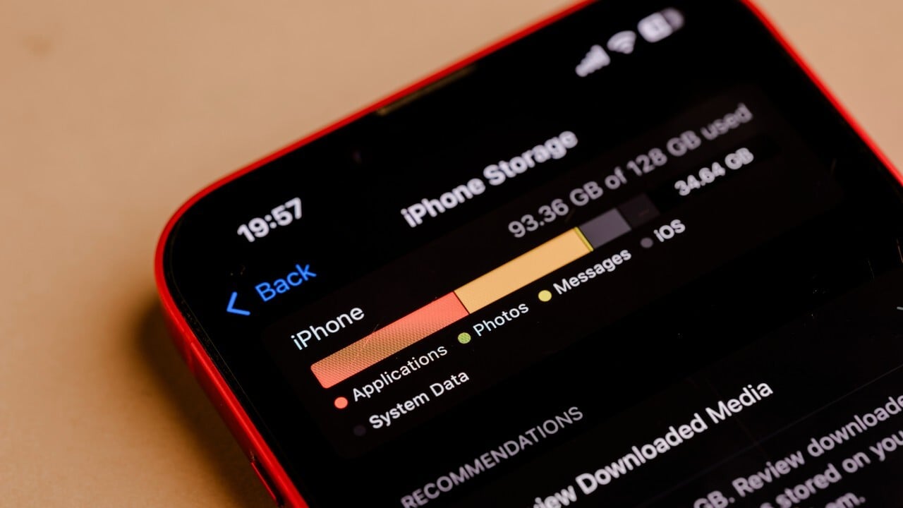 From the Phonegram website: A close-up of an iPhone screen showing the iPhone storage menu, displaying used and available storage space broken down by category.