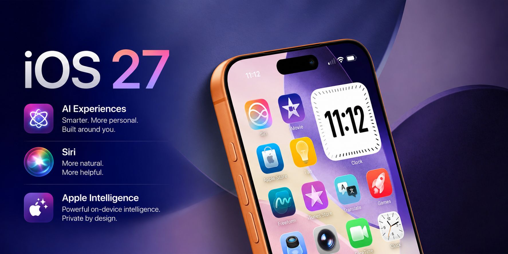 من موقع فون إسلام: صورة ترويجية لـ تحديث iOS 27 تضم هاتفًا ذكيًا مع أيقونات تطبيقات وتسلط الضوء على تجارب الذكاء الاصطناعي وSiri وميزات Apple Intelligence على خلفية أرجوانية نابضة بالحياة.