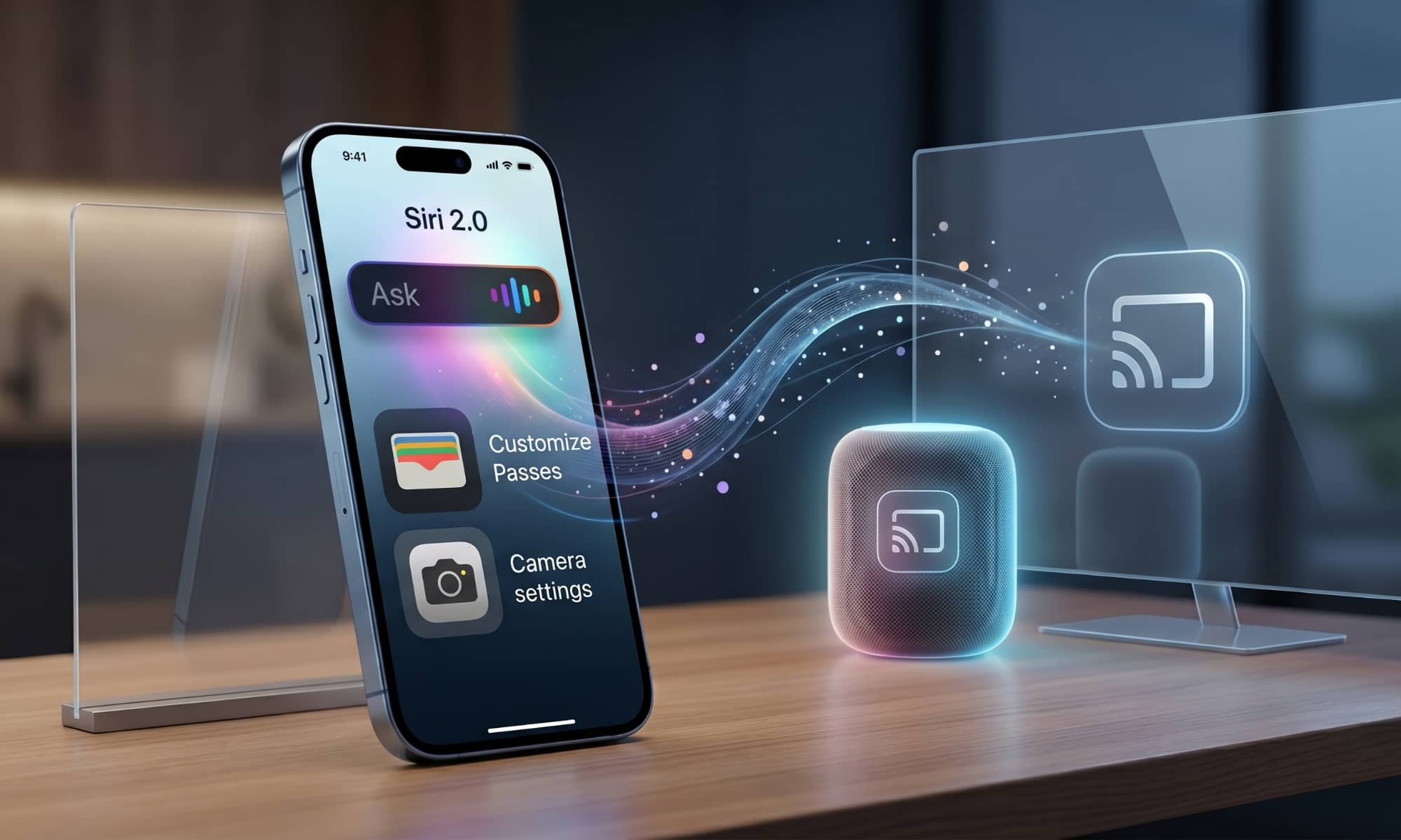 من موقع فون إسلام: هاتف ذكي مزود بواجهة "Siri 2.0" على مكتب بجانب مكبر صوت ذكي وشاشة ذكية، مع وجود موجات رقمية تربط بين الأجهزة، مما يوضح تكامل المنزل الذكي.