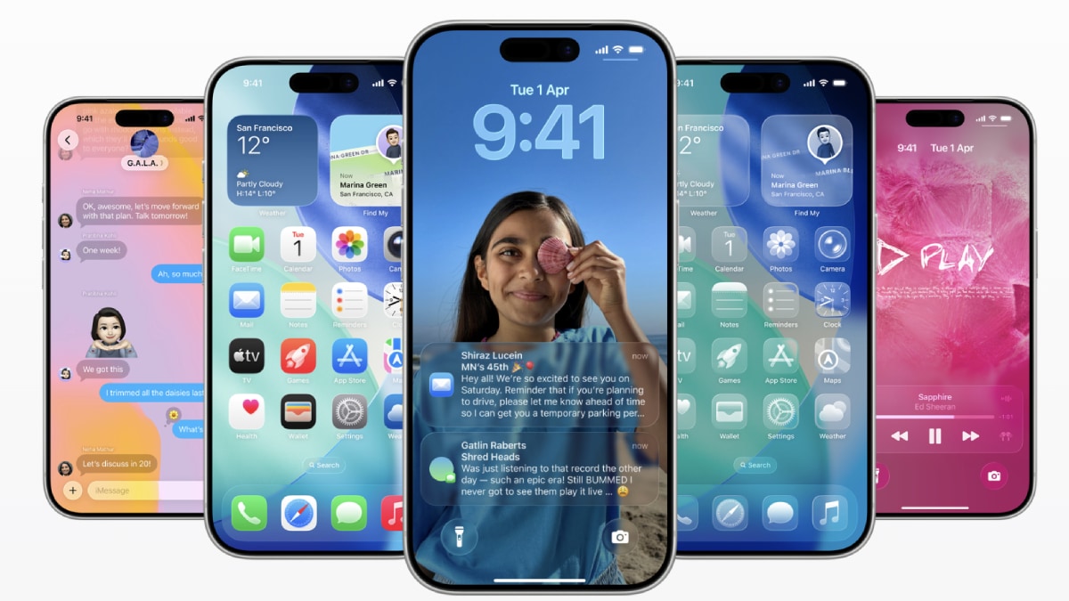 من موقع فون إسلام: تعرض خمسة أجهزة iPhone شاشات iOS مختلفة، بما في ذلك الرسائل، والطقس، والشاشة الرئيسية، وشاشة القفل، ومشغل الموسيقى، وتعرض واجهات وميزات تطبيقات مختلفة من تحديث iOS 27.