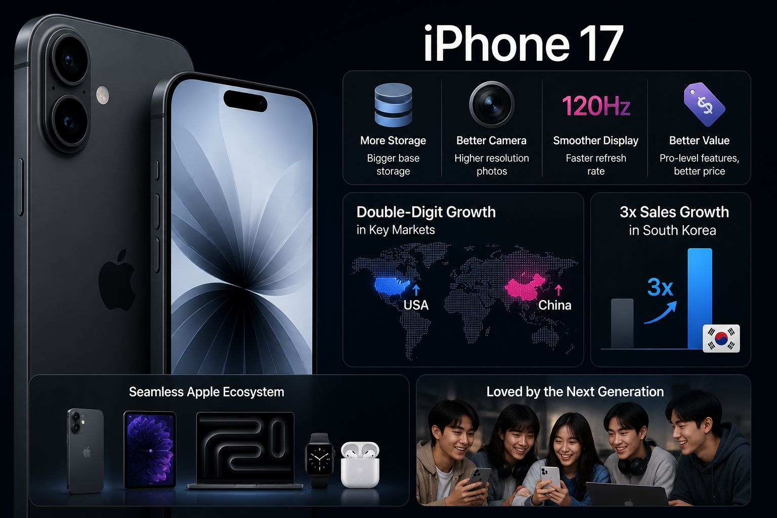 من موقع فون إسلام: إنفوجرافيك يوضح مزايا iPhone 17: كاميرات مزدوجة، وشاشة عرض 120 هرتز، ومساحة تخزين أكبر، ومزيد من مساحة التخزين وخدمة آي فون 17 التي ترتفع عالميًا في الولايات المتحدة الأمريكية والصين وكوريا الجنوبية ومنتجات نظام Apple البيئي والشباب الذين يستخدمون الهاتف معًا.