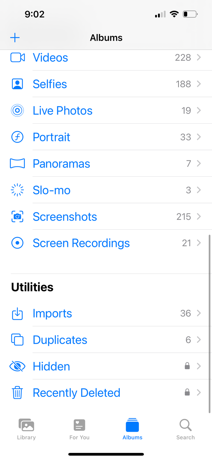 From the Phonegram website: The iPhone Photos app albums tab showing categories such as Videos, People, Live Photos, Portraits, Panoramas, and Utilities including Imports, Duplicates, Hidden, and Recently Deleted to help manage iPhone storage efficiently.