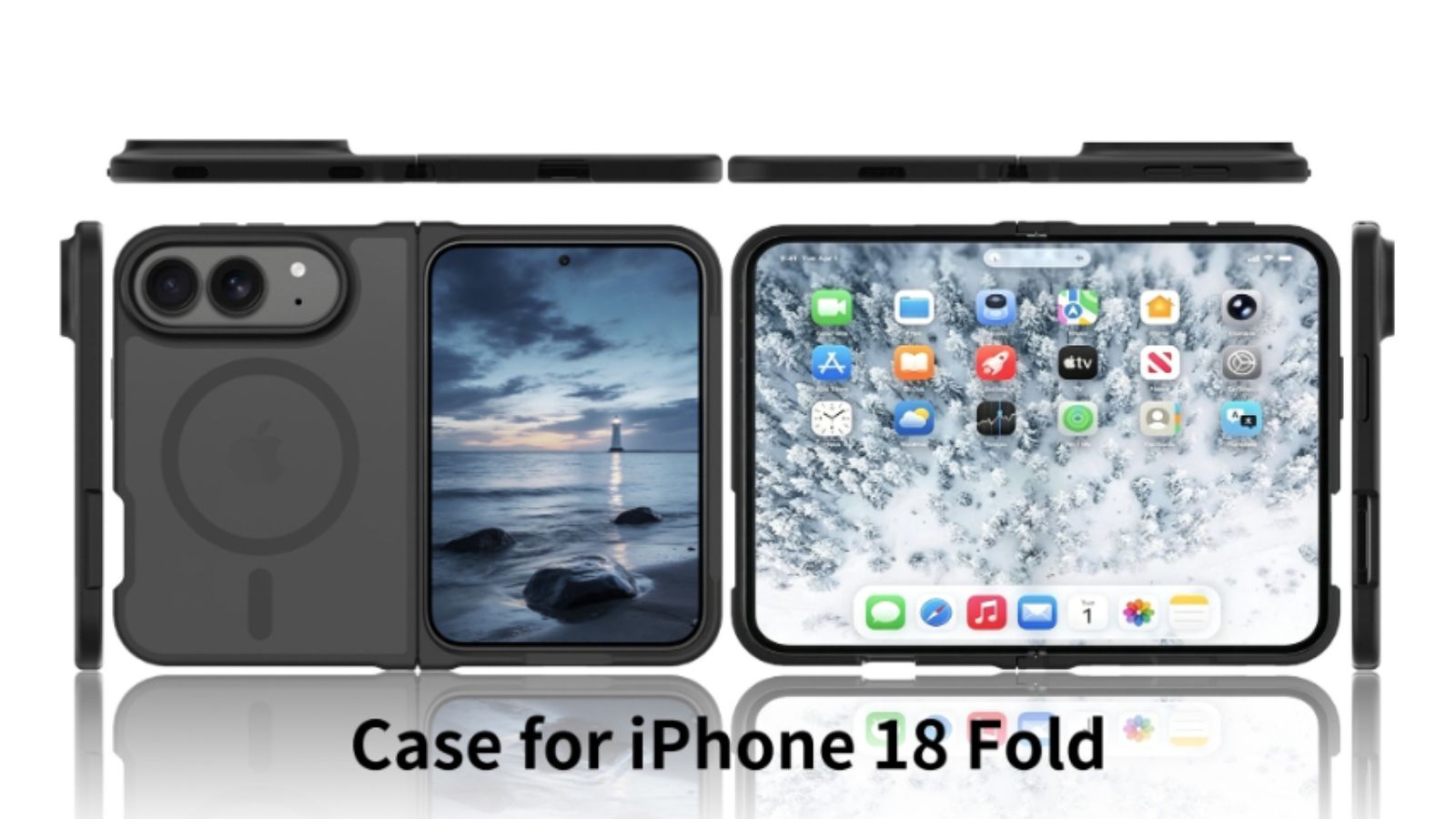 من موقع فون إسلام: حافظة واقية سوداء على جهاز iPhone 18 القابل للطيّ، تظهر في وضعيّة الإغلاق والفتح، وتعرض الشاشة الأمامية والجانبية وغير المطوية مع تطبيقات مثل أخبار وهامش لسهولة الوصول إليها خلال فترة الاستخدام.