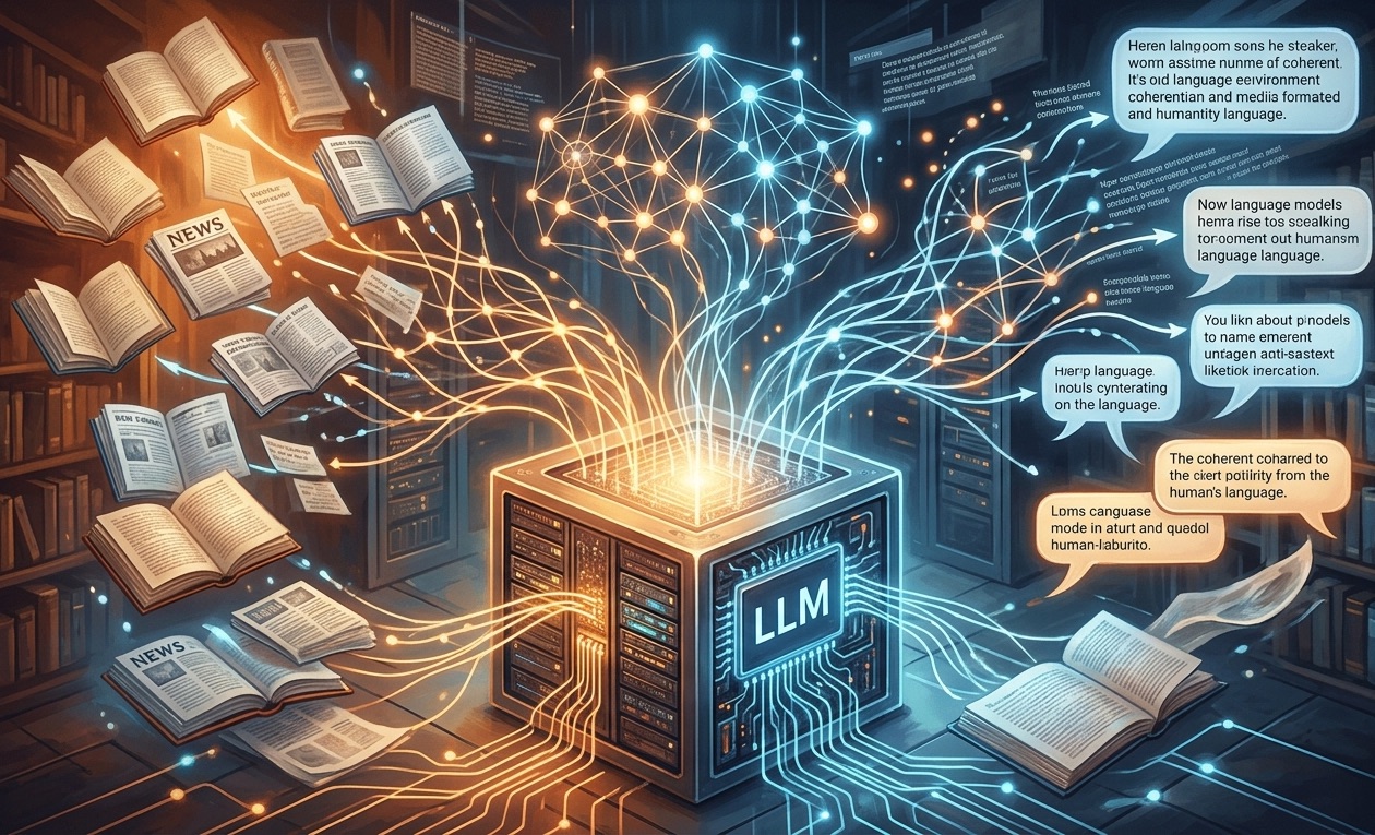 من موقع فون إسلام: رسم توضيحي لخادم يحمل اسم "LLM" متصل بالكتب العائمة والمقالات الإخبارية، مع تدفقات البيانات ومربعات النصوص التي تمثل تدفق المعلومات ومعالجة نموذج اللغة ومصفوفات الذكاء الاصطناعي أثناء العمل.