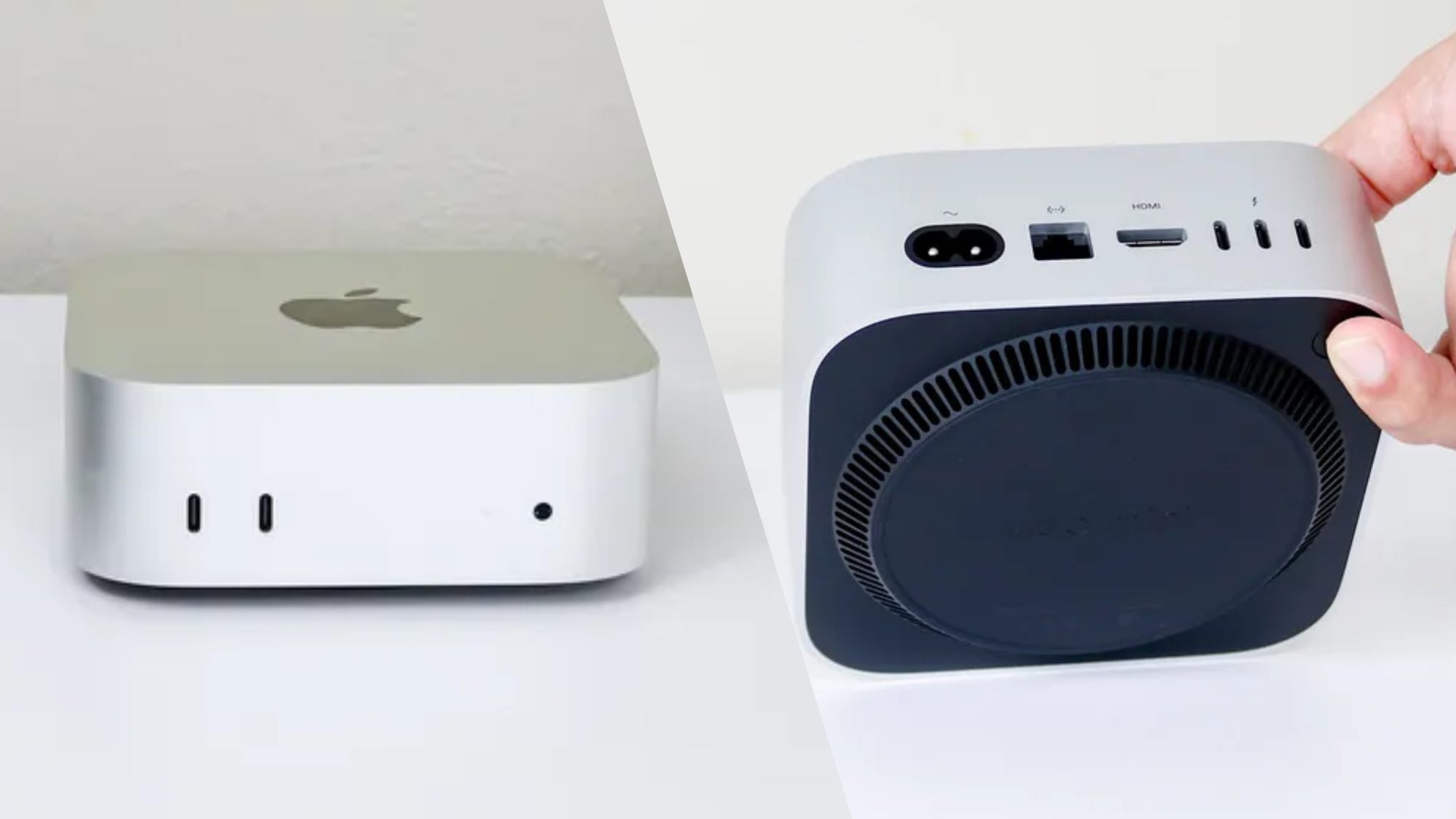 من موقع فون إسلام: يُظهر جهاز Apple Mac Mini الفضي من الزاويتين الأمامية والخلفية، مع تسليط الضوء على منافذه وتهويته وزر ميني M4 للتحكم المريح في الطاقة.