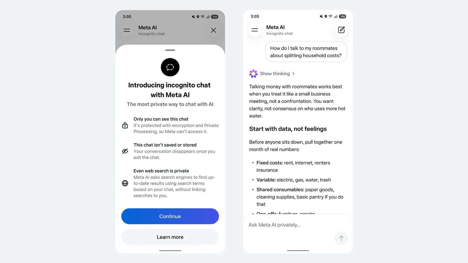 من موقع فون إسلام: تعرض شاشتا هاتفين ذكيين مقدمة ميزة الدردشة المتخفية من Meta AI - تفاصيل الخصوصية على اليسار ونصائح تقسيم الفواتير على اليمين في أخبار الأسبوع على الهامش.