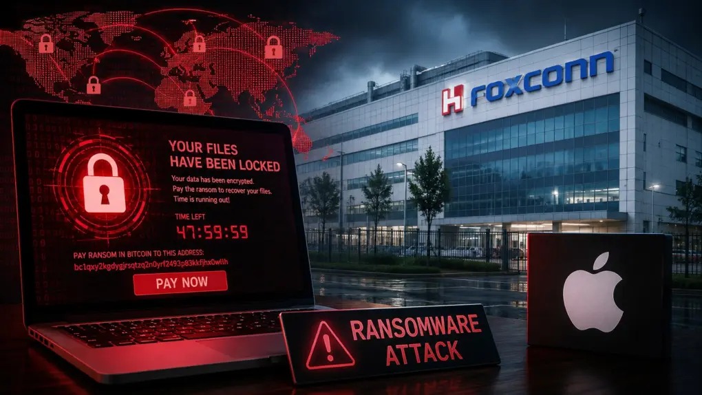 من موقع فون إسلام: جهاز كمبيوتر محمول يعرض رسالة فدية بجانب علامة "RANSOMWARE ATTACK"، مع وجود مصنع فوكسكون وصندوق آبل في الخلفية، مع إبراز أبرز أخبار التقنية ضمن ملخص الأخبار لهذا الأسبوع الأسبوع.