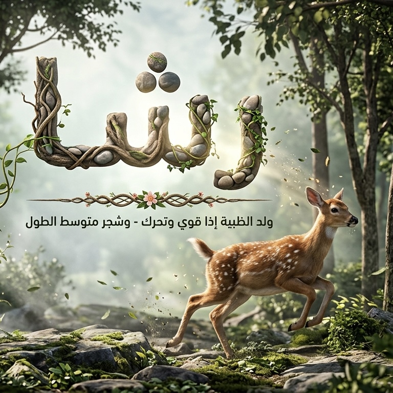 من موقع فون إسلام: غزال صغير يركض في غابة خصبة وفوقه نص عربي - مصنوع من الكروم والأحجار - يشير إلى "تقرير جمال الوجه". تعرض الخلفية أشجاراً ومساحات خضراء نابضة بالحياة.