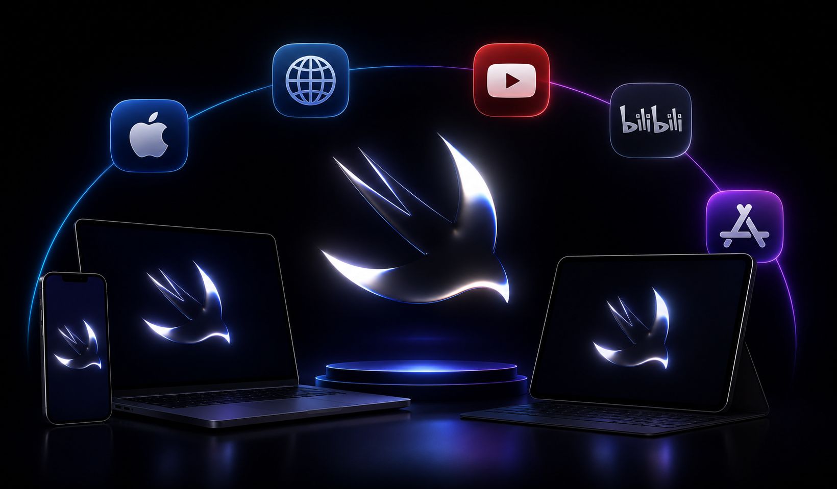 من موقع فون إسلام: رسم توضيحي رقمي لشعار Swift على ثلاثة أجهزة، محاط بأيقونات لـ Apple والويب وYouTube وBilibili وApp Store على خلفية داكنة، مستوحى من مؤتمر المطورين WWDC26.