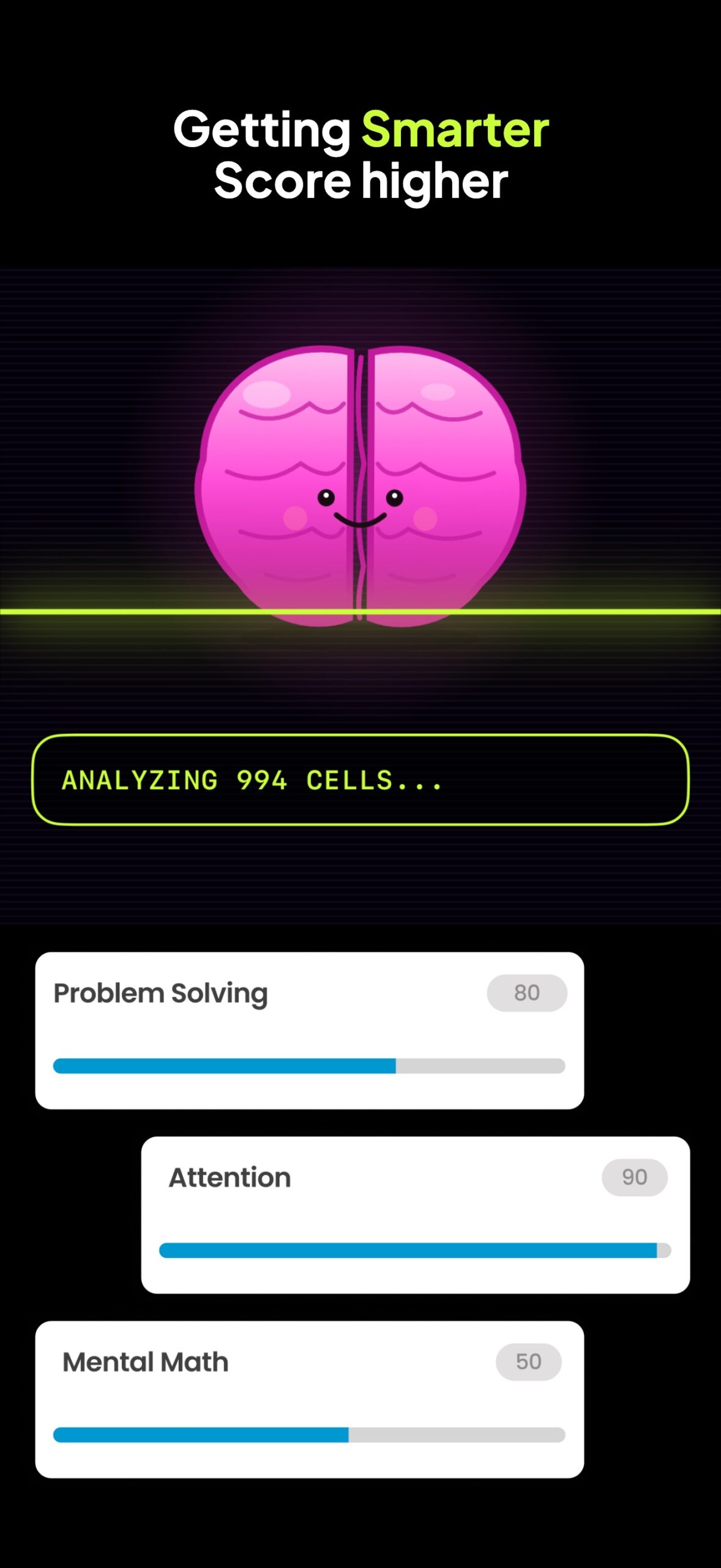من موقع فون إسلام: يظهر دماغ كرتوني مع شريط تقدم يظهر "تحليل 994 خلية". أدناه، أشرطة درجات حل المشكلات (80)، والانتباه (90)، والرياضيات الذهنية (50) تسلط الضوء على صحة العقل. النص يقول: "كن أكثر ذكاءً. سجل درجات أعلى مع تطبيق "احفظ عقلك".
