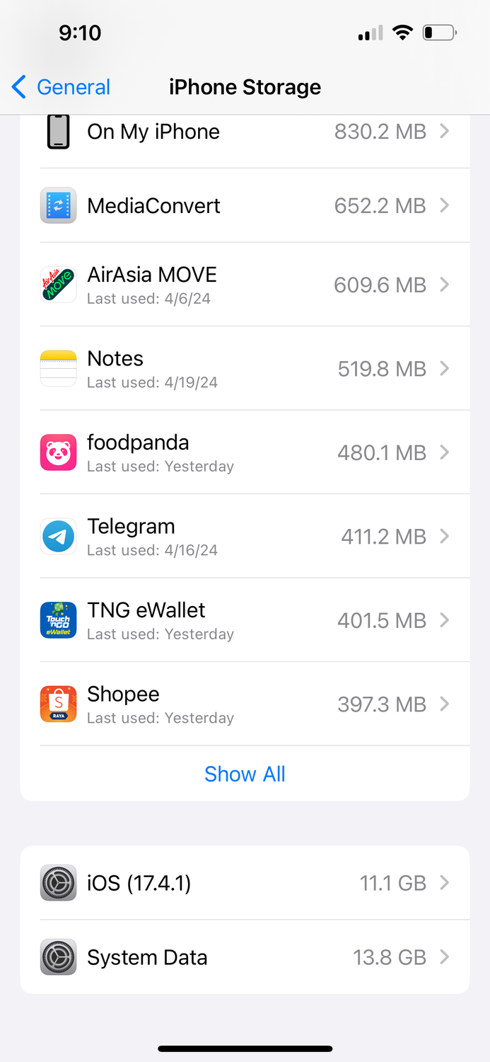 From the Phonegram website: A screenshot of the iPhone storage screen showing iPhone storage details by various apps, iOS 17.4.1 version, and System Data.