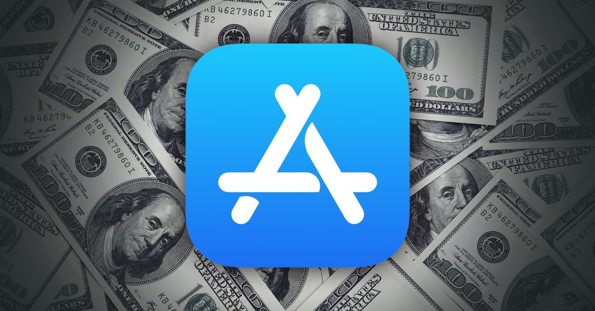 من موقع فون إسلام: شعار App Store يتوسطه شعار متجر التطبيقات على خلفية من فئة المائة دولار أمريكي متداخلة من فئة المائة دولار أمريكي.