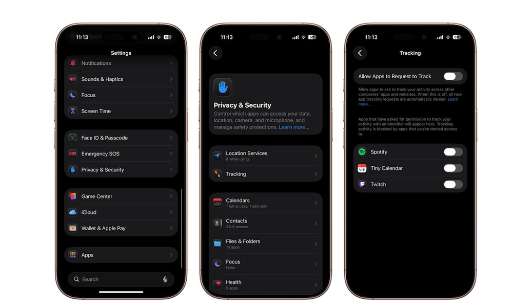 من موقع فون إسلام: ثلاثة آيفون تعرض شاشات عرض شاشات قوائم إعدادات نظام iOS لخيارات حماية الخصوصية وتتبع التطبيقات، مع إمكانية تبديل أذونات التتبع لتحسين الأداء وتعزيز خصوصية المستخدم.