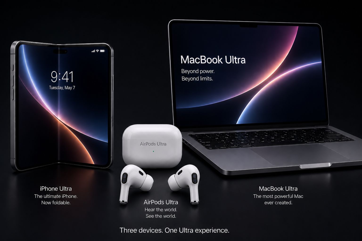من موقع فون إسلام: يتم عرض هاتف ذكي قابل للطي، وسماعات AirPods Ultra مع غطاء، وجهاز كمبيوتر محمول MacBook Ultra على خلفية سوداء، لعرض التصميم الأنيق والميزات المتقدمة لكل جهاز. يسلط النص الوصفي الضوء على تجربة الصوت المتميزة لسماعات AirPods Ultra.