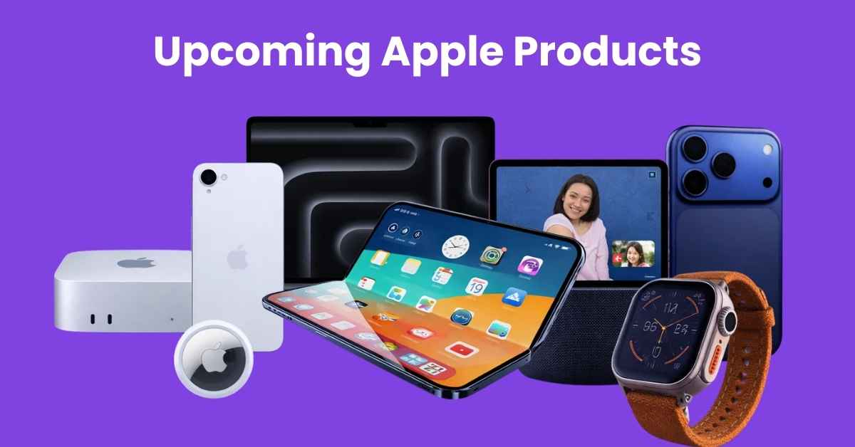 من موقع فون إسلام: مجموعة من أجهزة Apple، بما في ذلك جهاز iPhone وiPad وMac Mini وAirTag وApple Watch ومكبر صوت ذكي، معروضة تحت نص "منتجات آبل الجديدة" على خلفية أرجوانية.