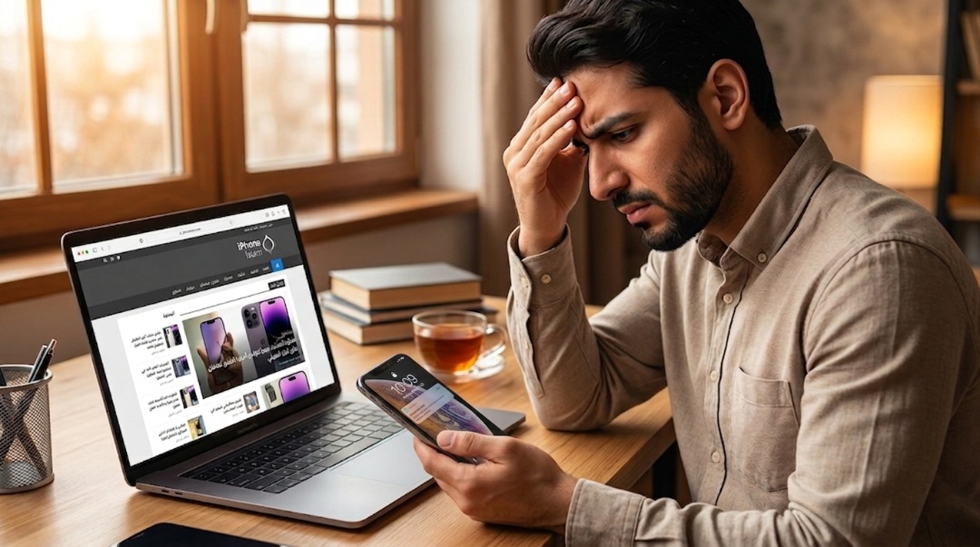 من موقع فون إسلام: رجل يجلس على مكتب يبدو عليه القلق وهو يتفقد هاتفه ويتساءل عما إذا كان هناك حاجة إلى ترقية الآي فون - أو ما إذا كان هناك حاجة إلى ترقية الآي فون - وبجانبه جهاز كمبيوتر محمول يعرض موقعًا إخباريًا تقنيًا وكتبًا وكوبًا من الشاي.