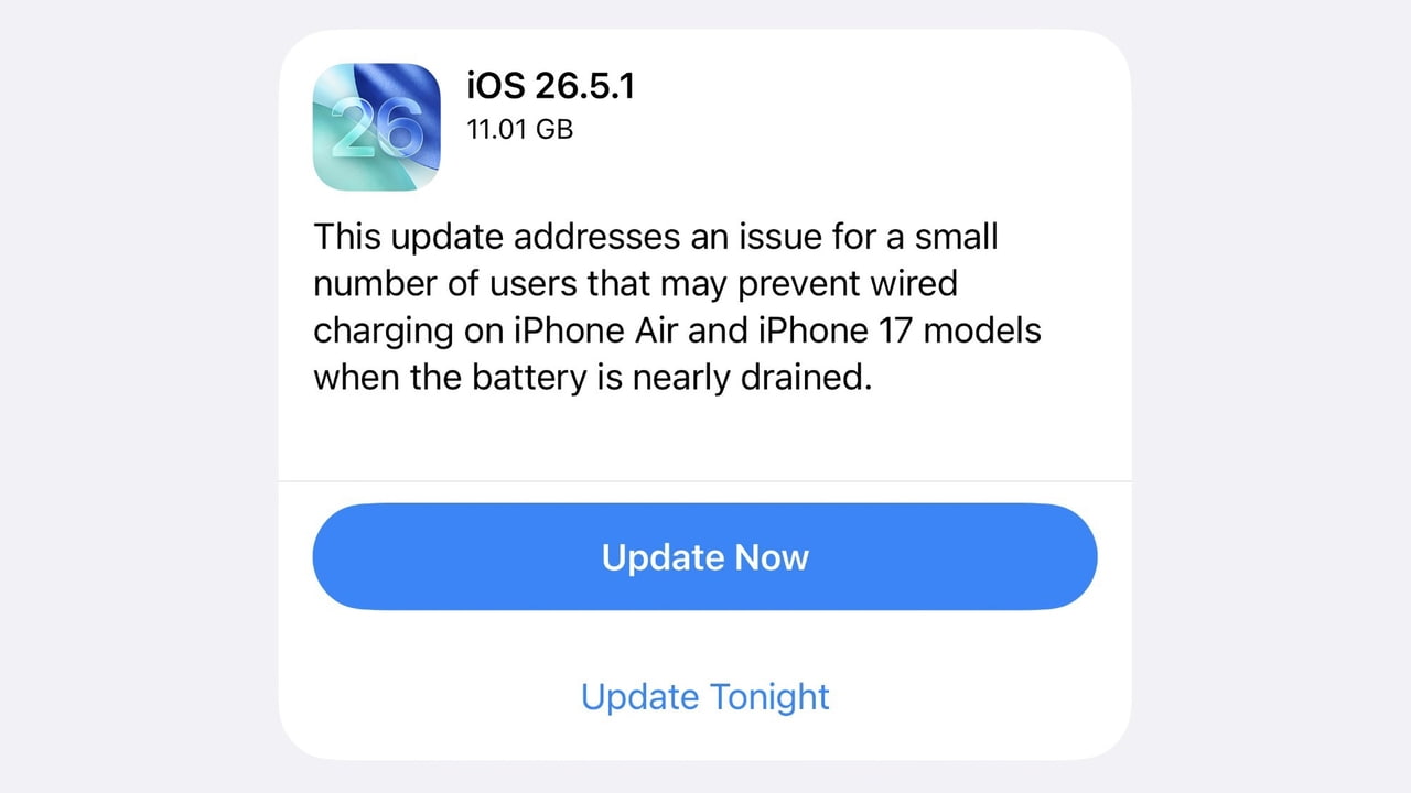 من موقع فون إسلام: مطالبة بتحديث IOS 26.5.1 على شاشة الجهاز، مع تسليط الضوء على إصلاح مشاكل الشحن السلكي على iPhone Air وiPhone 17 عندما تكون البطارية شبه فارغة. يظهر خياري "التحديث الآن" و"التحديث الليلة".