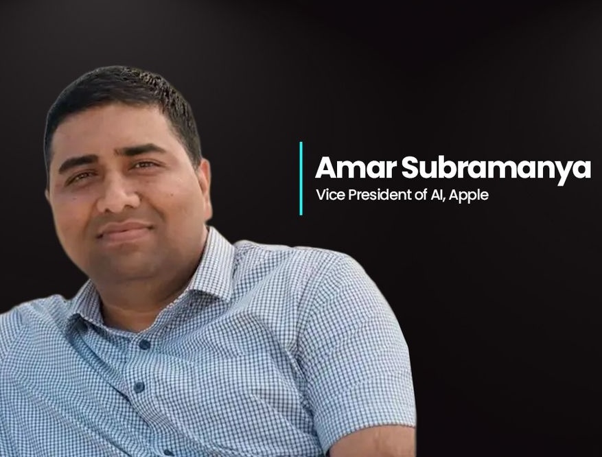 From the Phonegram website: A man wearing a plaid shirt is shown with the text "Amar Subramanya, Vice President of AI at Apple" on a black background, highlighting Apple's AI.