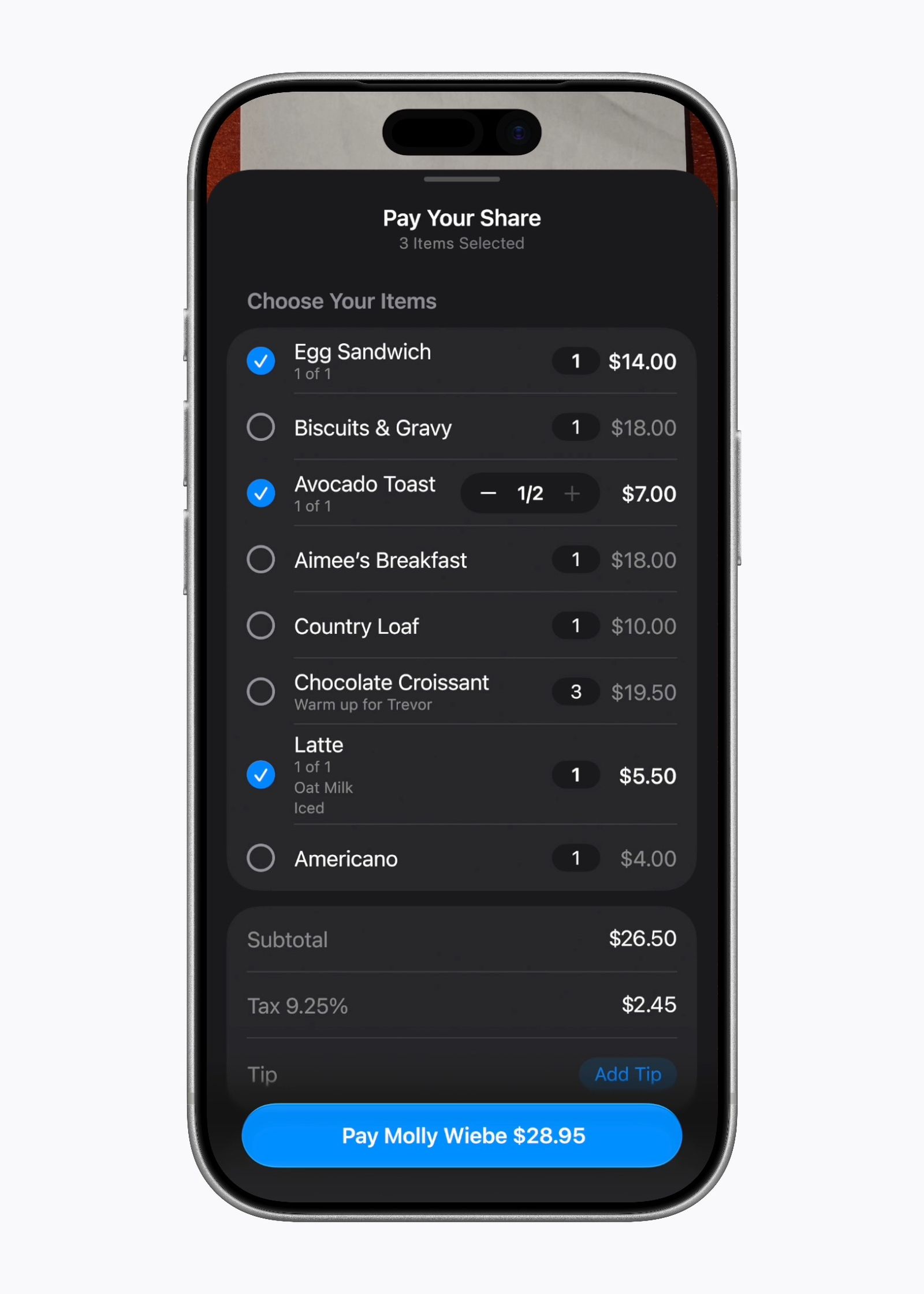 From the Phonegram website: A smartphone screen, using hidden iOS 27 features, shows a payment app splitting a breakfast bill of $28.95, listing each item, quantity, and price, plus a blue button at the bottom that says 'Pay Molly Webby $28.95'.