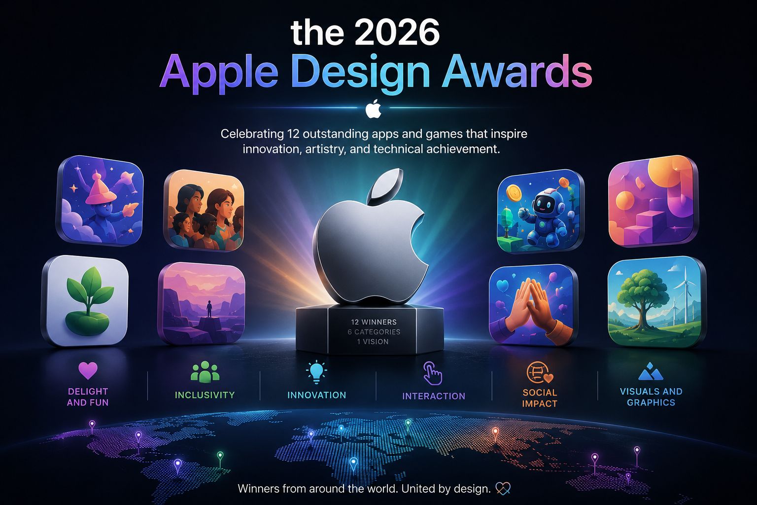 من موقع فون إسلام: رسم ترويجي لـ جوائز تصميم جوائز آبل 2026، يضم أيقونات تطبيقات ثلاثية الأبعاد، وكأس آبل، وست فئات: البهجة والمرح، والشمولية، والابتكار، والتفاعل، والتأثير الاجتماعي، والرسومات.