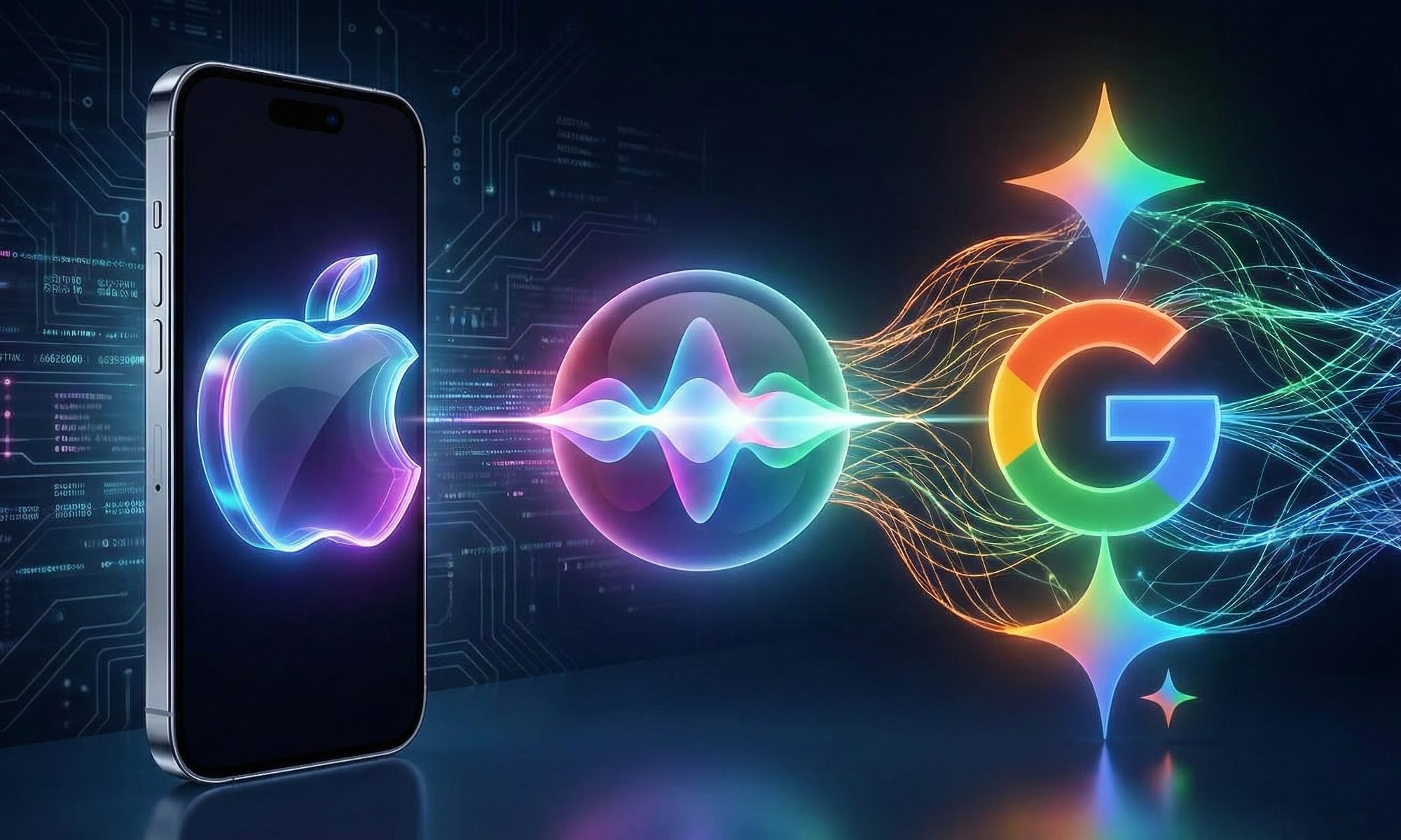 من موقع فون إسلام: هاتف ذكي يحمل شعار Apple، وأيقونة Siri المتوهجة، وشعار Google متصلان بواسطة موجات رقمية ملونة على خلفية مستوحاة من التكنولوجيا.